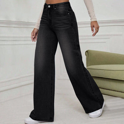 High Street Washed Black Jeans Women Fashion Trendy Straight Loose Casual Wide Leg Pants