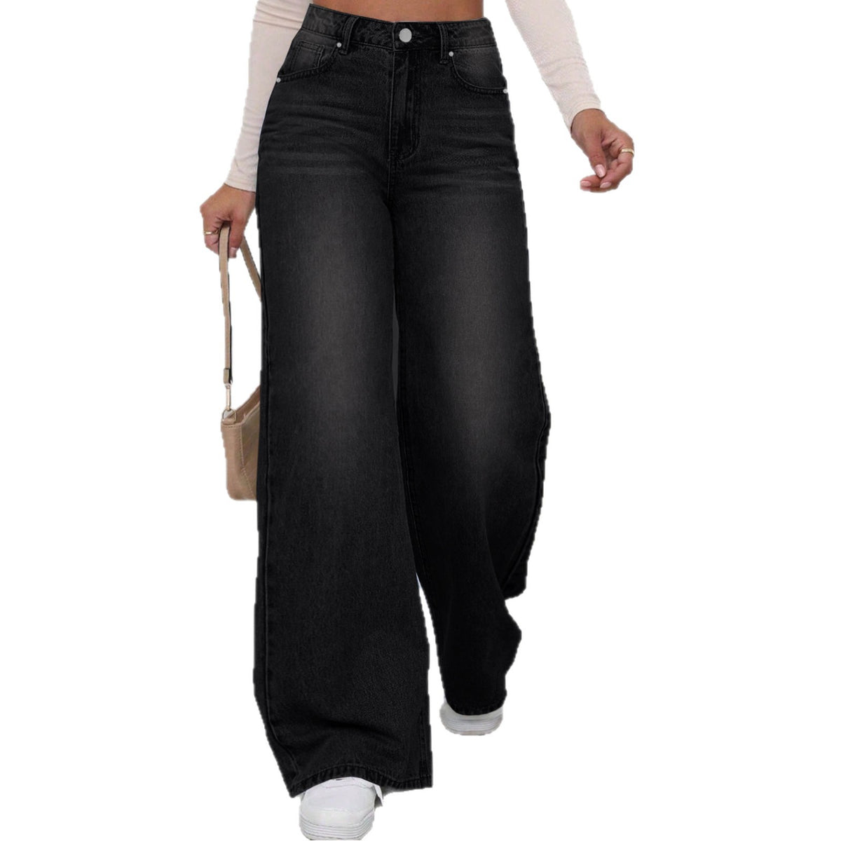 High Street Washed Black Jeans Women Fashion Trendy Straight Loose Casual Wide Leg Pants