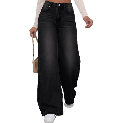 High Street Washed Black Jeans Women Fashion Trendy Straight Loose Casual Wide Leg Pants
