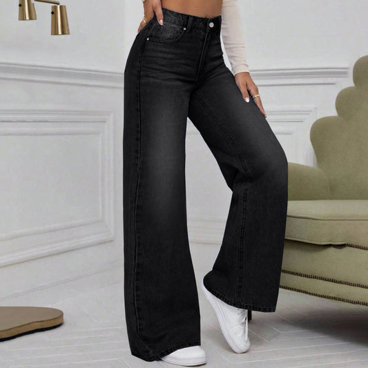 High Street Washed Black Jeans Women Fashion Trendy Straight Loose Casual Wide Leg Pants