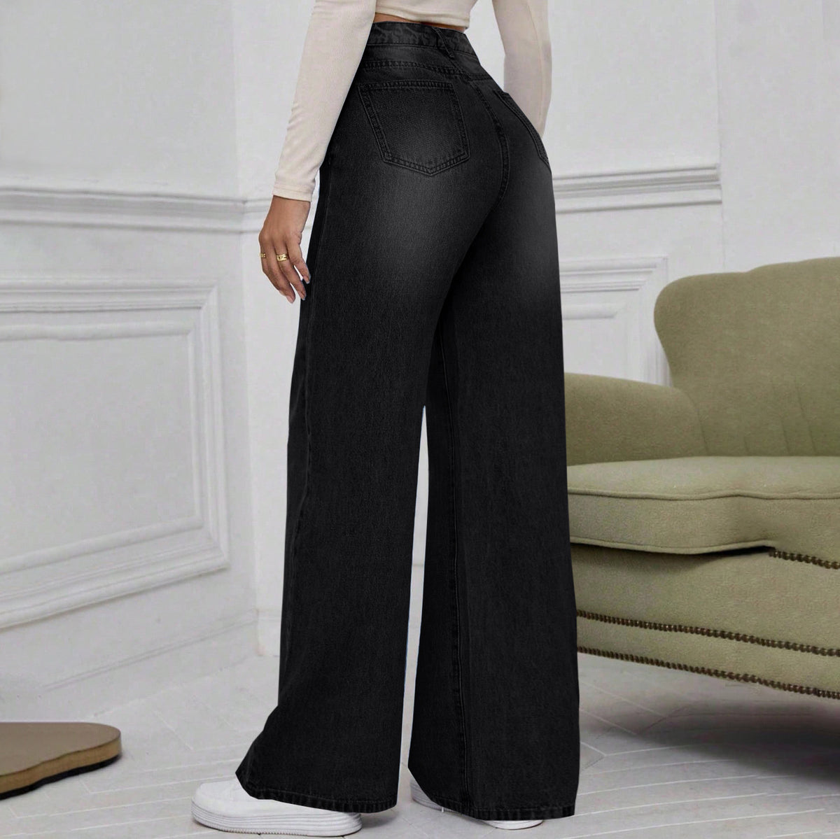 High Street Washed Black Jeans Women Fashion Trendy Straight Loose Casual Wide Leg Pants