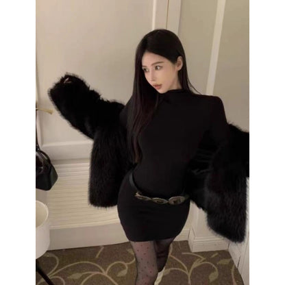 Half High Neck Black Dress for Women,Fitted Mini Dress, Bodycon Style, Slimming Inner Layer Dress