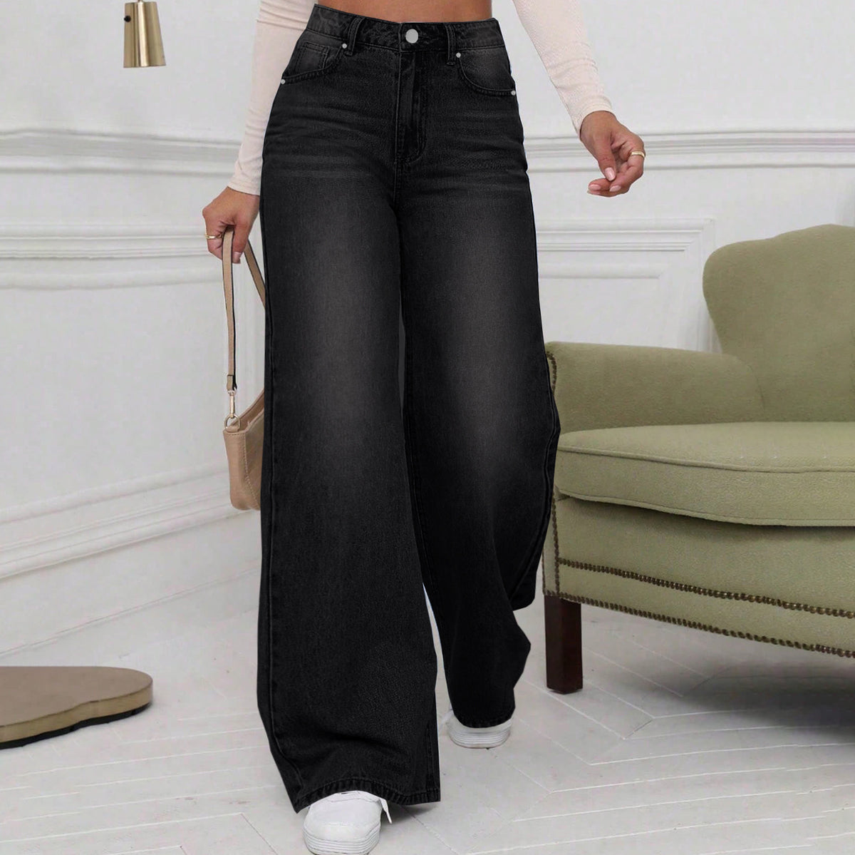High Street Washed Black Jeans Women Fashion Trendy Straight Loose Casual Wide Leg Pants