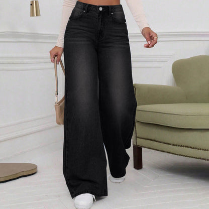 High Street Washed Black Jeans Women Fashion Trendy Straight Loose Casual Wide Leg Pants
