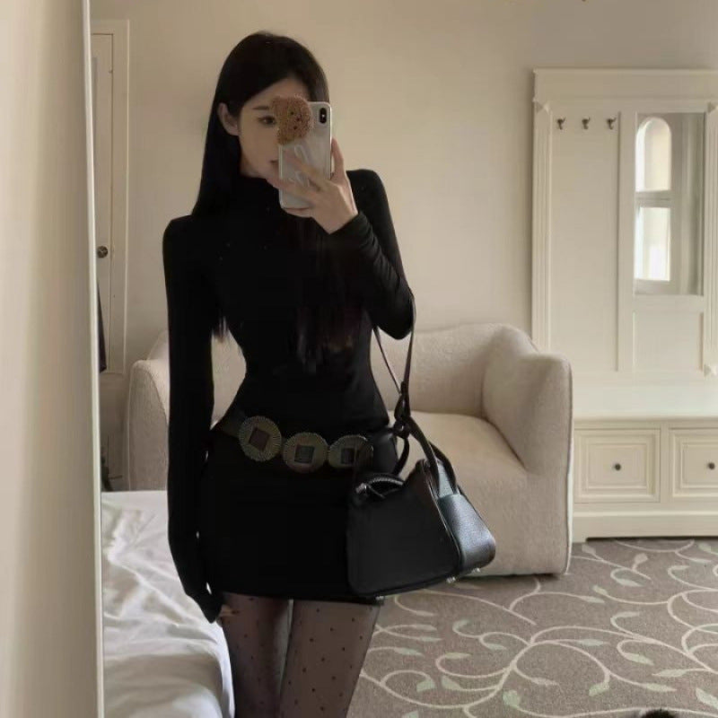 Half High Neck Black Dress for Women,Fitted Mini Dress, Bodycon Style, Slimming Inner Layer Dress