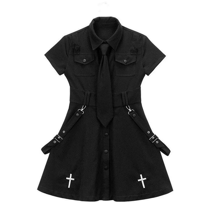 Goth Dress Punk Gothic Harajuku Summer Black Mini Shirt Dress Women 2023 Short Sleeve Super Cool Sexy Short Dress