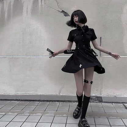 Goth Dress Punk Gothic Harajuku Summer Black Mini Shirt Dress Women 2023 Short Sleeve Super Cool Sexy Short Dress