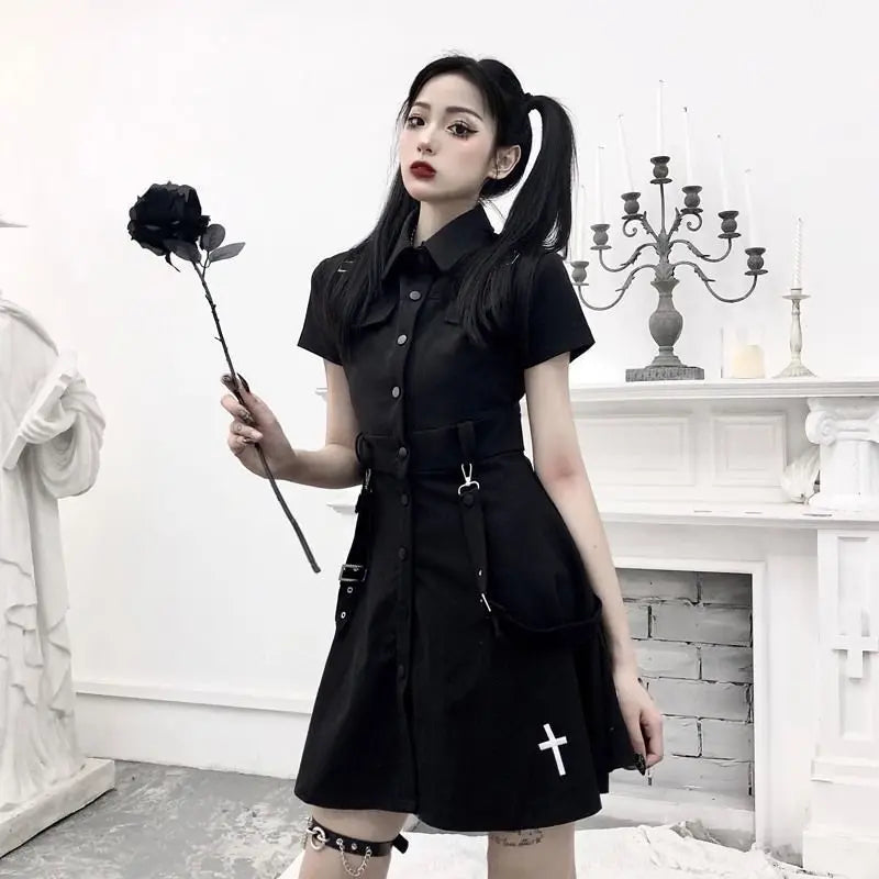 Goth Dress Punk Gothic Harajuku Summer Black Mini Shirt Dress Women 2023 Short Sleeve Super Cool Sexy Short Dress