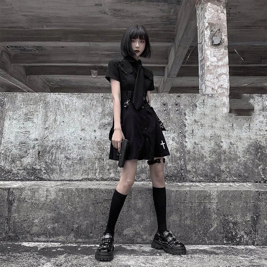 Goth Dress Punk Gothic Harajuku Summer Black Mini Shirt Dress Women 2023 Short Sleeve Super Cool Sexy Short Dress