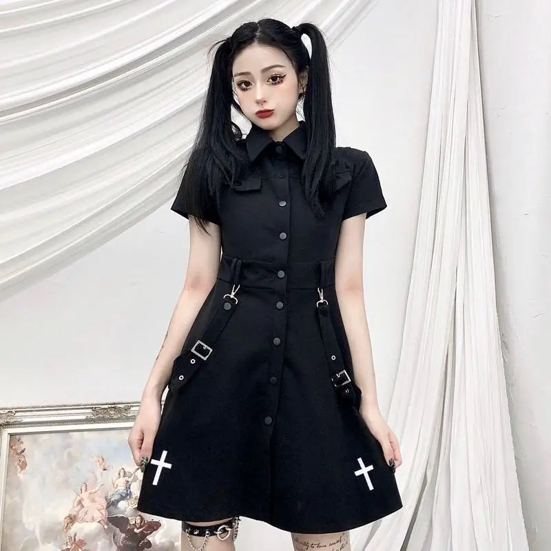 Goth Dress Punk Gothic Harajuku Summer Black Mini Shirt Dress Women 2023 Short Sleeve Super Cool Sexy Short Dress