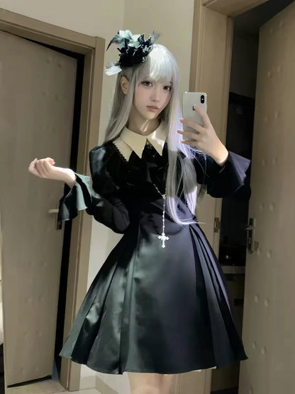 Black Y2K Retro Gothic Lace Mini Dress Women Lolita Slim Long Sleeve Streetwear Party Club Trendy Fashion Clothing