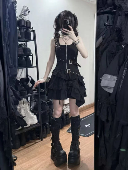 Y2k Subculture Punk Black Strap Dress Aesthetic Slim Vintage Spicy Girls Metal Buckle Belt Zipper Summer Short Dresses Women's