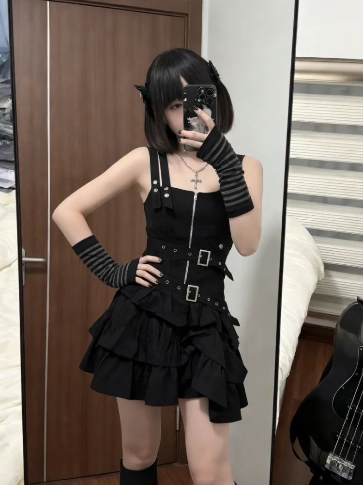 Y2k Subculture Punk Black Strap Dress Aesthetic Slim Vintage Spicy Girls Metal Buckle Belt Zipper Summer Short Dresses Women's