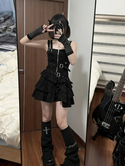 Y2k Subculture Punk Black Strap Dress Aesthetic Slim Vintage Spicy Girls Metal Buckle Belt Zipper Summer Short Dresses Women's