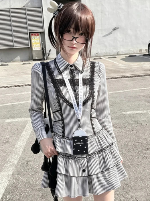 Black Y2K Retro Gothic Lace Mini Dress Women Lolita Slim Long Sleeve Streetwear Party Club Trendy Fashion Clothing