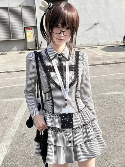 Black Y2K Retro Gothic Lace Mini Dress Women Lolita Slim Long Sleeve Streetwear Party Club Trendy Fashion Clothing