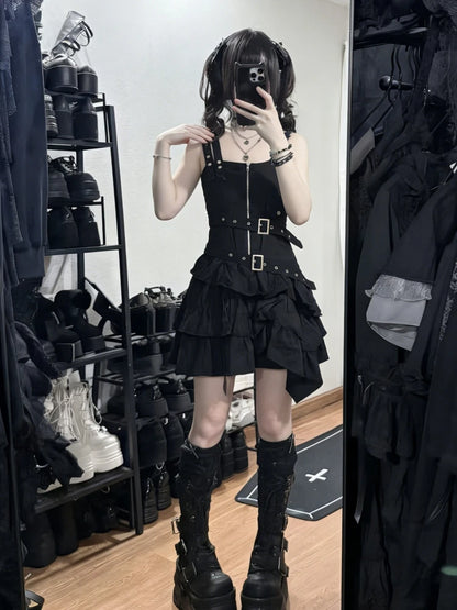 Y2k Subculture Punk Black Strap Dress Aesthetic Slim Vintage Spicy Girls Metal Buckle Belt Zipper Summer Short Dresses Women's