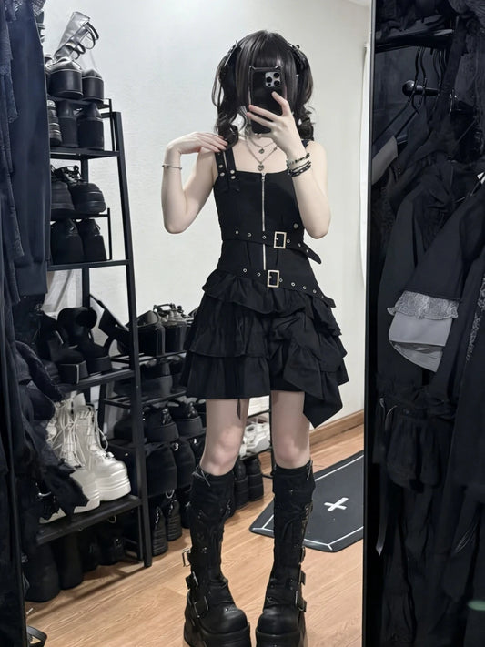 Y2k Subculture Punk Black Strap Dress Aesthetic Slim Vintage Spicy Girls Metal Buckle Belt Zipper Summer Short Dresses Women's