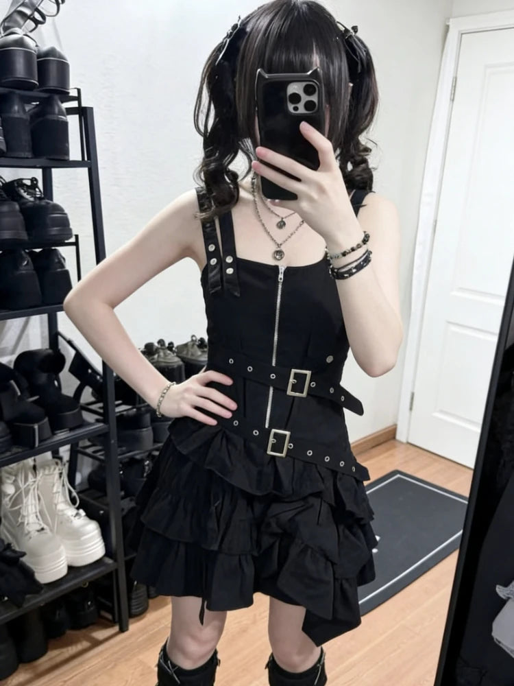 Y2k Subculture Punk Black Strap Dress Aesthetic Slim Vintage Spicy Girls Metal Buckle Belt Zipper Summer Short Dresses Women's