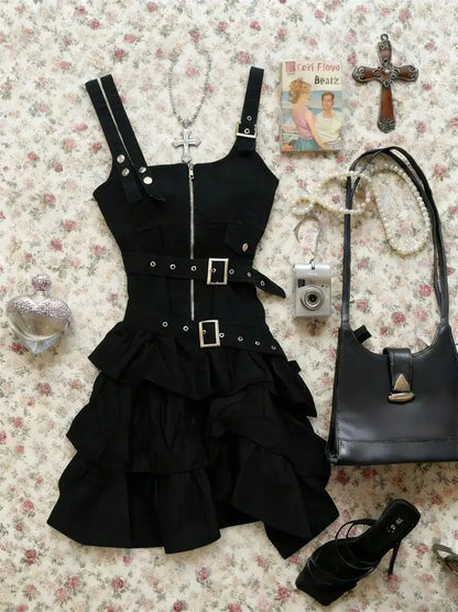 Y2k Subculture Punk Black Strap Dress Aesthetic Slim Vintage Spicy Girls Metal Buckle Belt Zipper Summer Short Dresses Women's