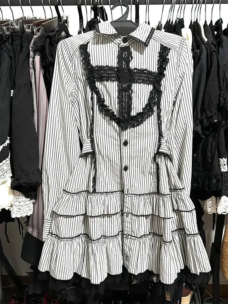 Black Y2K Retro Gothic Lace Mini Dress Women Lolita Slim Long Sleeve Streetwear Party Club Trendy Fashion Clothing