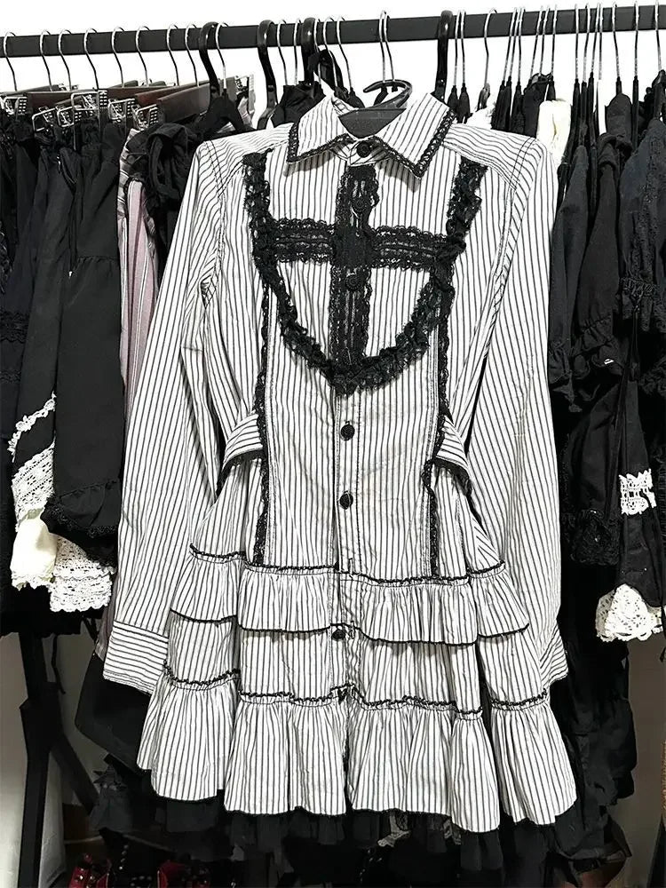 Black Y2K Retro Gothic Lace Mini Dress Women Lolita Slim Long Sleeve Streetwear Party Club Trendy Fashion Clothing