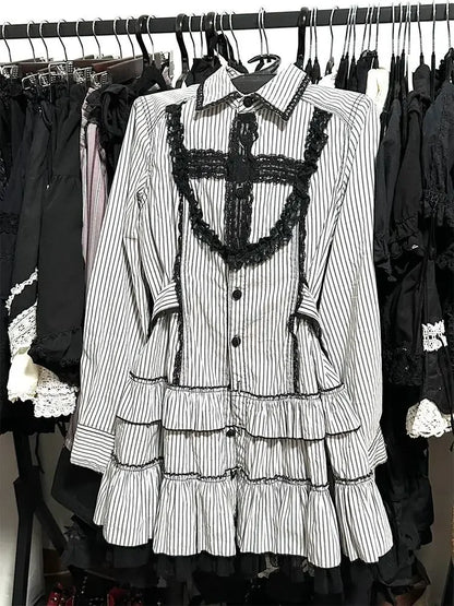 Black Y2K Retro Gothic Lace Mini Dress Women Lolita Slim Long Sleeve Streetwear Party Club Trendy Fashion Clothing