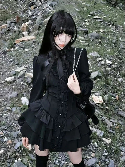 Black Y2K Retro Gothic Lace Mini Dress Women Lolita Slim Long Sleeve Streetwear Party Club Trendy Fashion Clothing